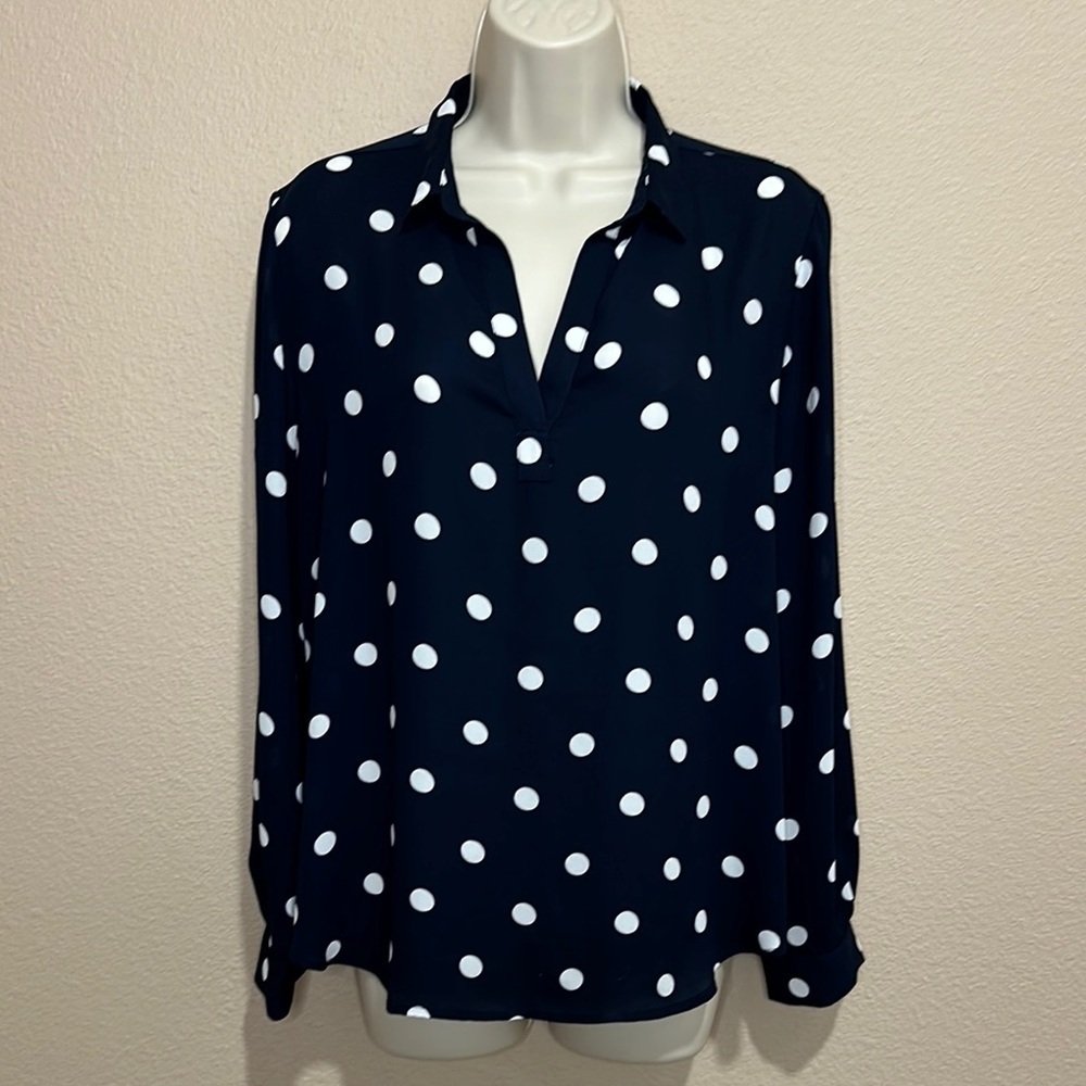 LOFT Navy Polka Dot Petite Women's Blouse, Size LP, EUC